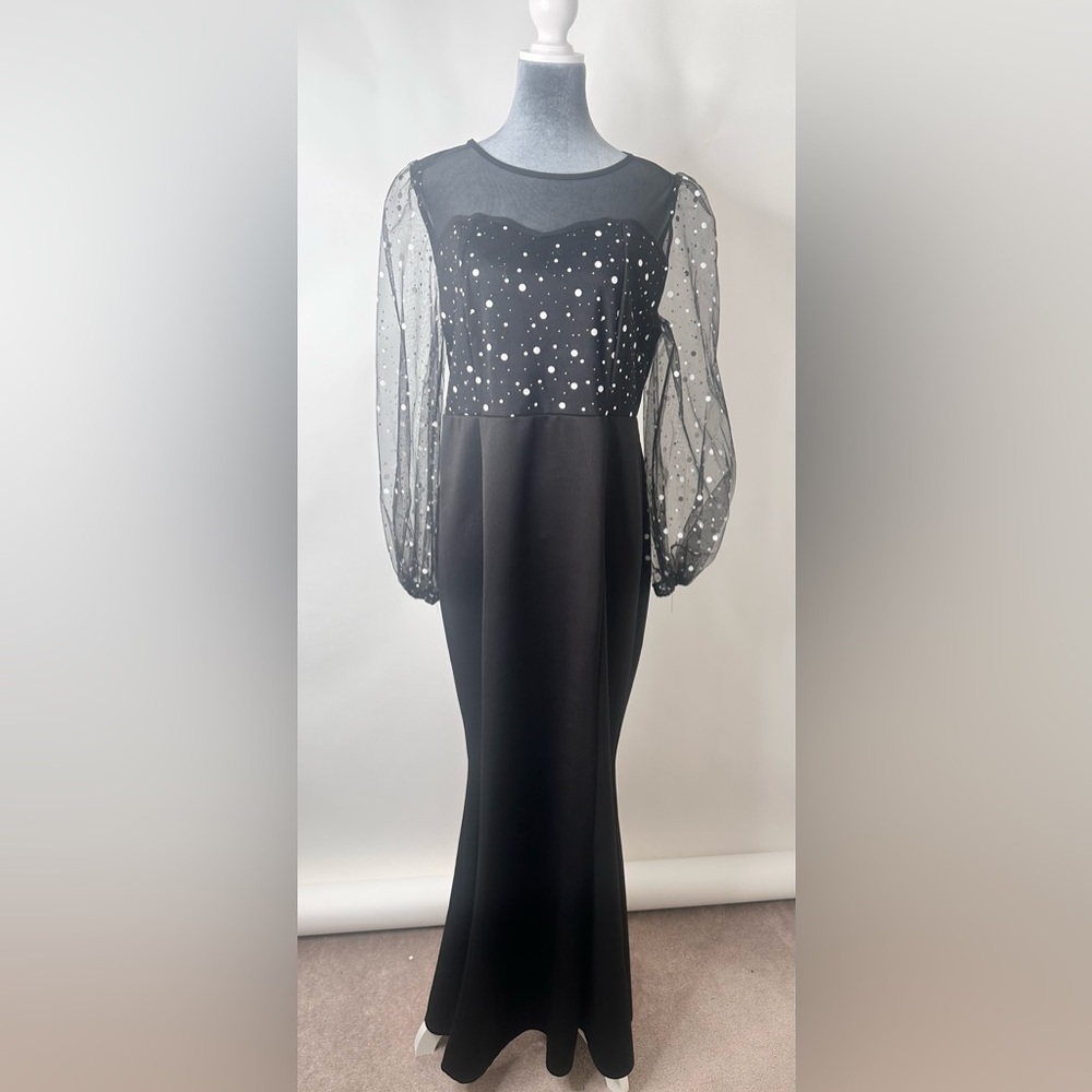 Formal Round Neck Long Sleeve Waist Trimming Mesh Fishtail Maxi Dress‎ size L